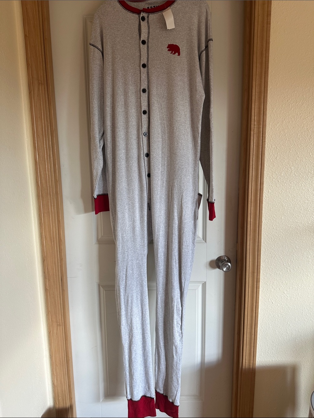 Lazy One Light Gray Union Suit Pajamas with Red Trim